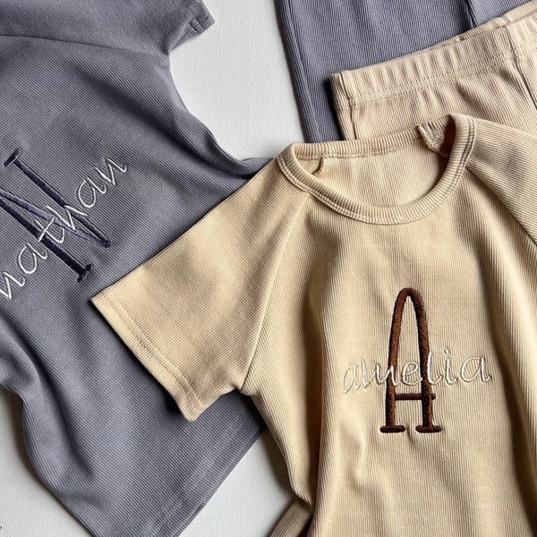 Summer Personalised Child Ribbed Sets | Embroidered Kids Sets |Personalised T-Shirt & Shorts Summer Outfit Name or Initials UNISEX Clothing