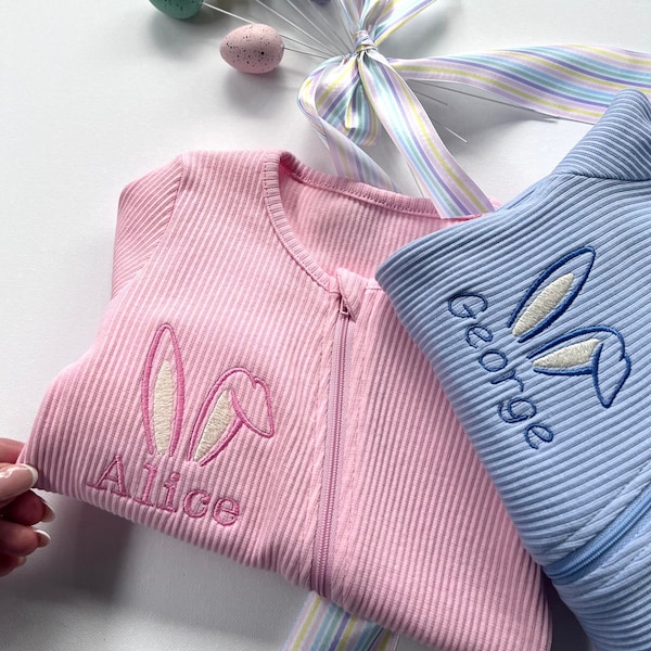 Easter Pjs Personalised Baby Zip Romper | Embroidered Baby Overalls . Summer | Autumn | Winter White Sage Outfit Name or Initials Clothing