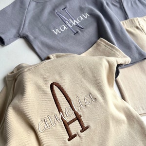 Summer Personalised Child Ribbed Sets Embroidered Kids Sets Personalised T-Shirt & Shorts Summer Outfit Name or Initials UNISEX Clothing image 2