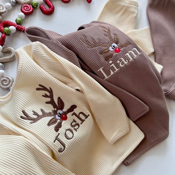 Christmas Reindeer Pajama Set For Kids Personalised or Plain Ribbed Cotton Loungewear | Christmas Gifts For Kids Baby loungewear| Clothing b