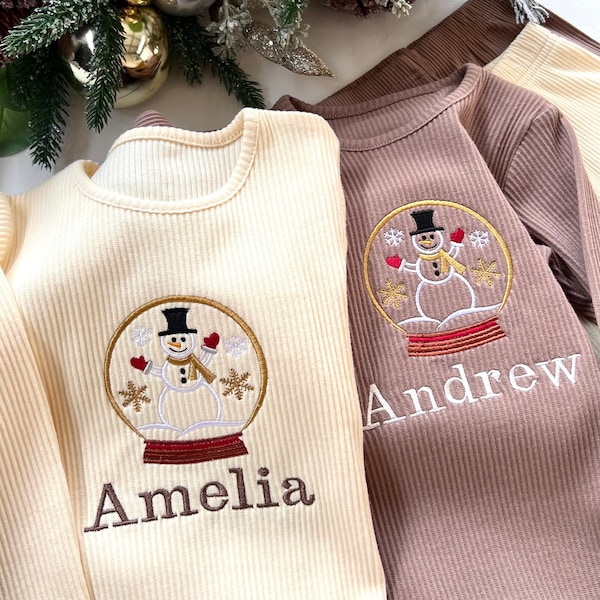 Pijama navideño con forma de bola de nieve para niños, de algodón acanalado, personalizado. Ropa personalizada con forma de bola de nieve para Navidad.