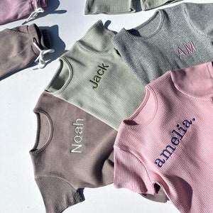 Summer Personalised Child Ribbed Sets Embroidered Kids Sets Personalised T-Shirt & Shorts Summer Outfit Name or Initials UNISEX Clothing image 1