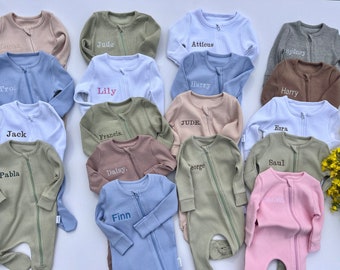 Personalised Baby Zip Romper | Embroidered Baby Overalls . Summer | Autumn | Winter White Sage Outfit Name or Initials UNISEX Clothing