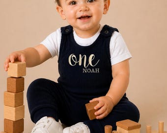 Personalized 1st and 2nd Birthday Ribbed Cotton Dungarees - Custom Toddler Romper - Birthday Outfit for Boys & Girls - 10 Colors