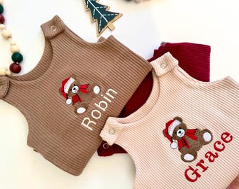 Christmas Personalised Baby Gift Dungarees Romper  First Birthday or Baby Announcement and Baby Shower Gift Name Christmas Personalized Gift