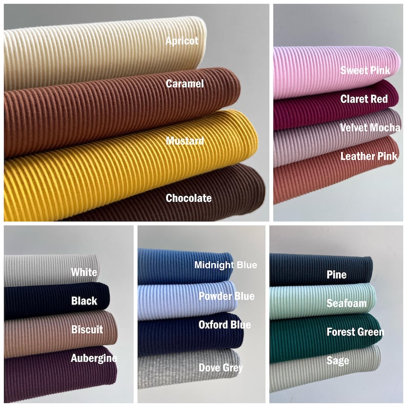 May include: A collage of fabric swatches in various colors, including apricot, caramel, mustard, chocolate, sweet pink, claret red, velvet mocha, leather pink, white, black, biscuit, aubergine, midnight blue, powder blue, oxford blue, dove grey, pine, seafoam, forest green, and sage.