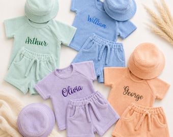 Personalized Cotton Towelling Summer Set: Embroidered T-shirt, Shorts, Bucket Hat