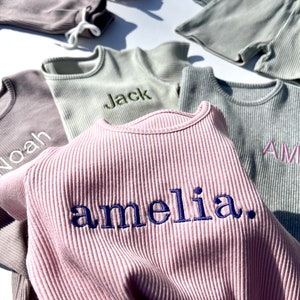 Summer Personalised Child Ribbed Sets Embroidered Kids Sets Personalised T-Shirt & Shorts Summer Outfit Name or Initials UNISEX Clothing zdjęcie 4