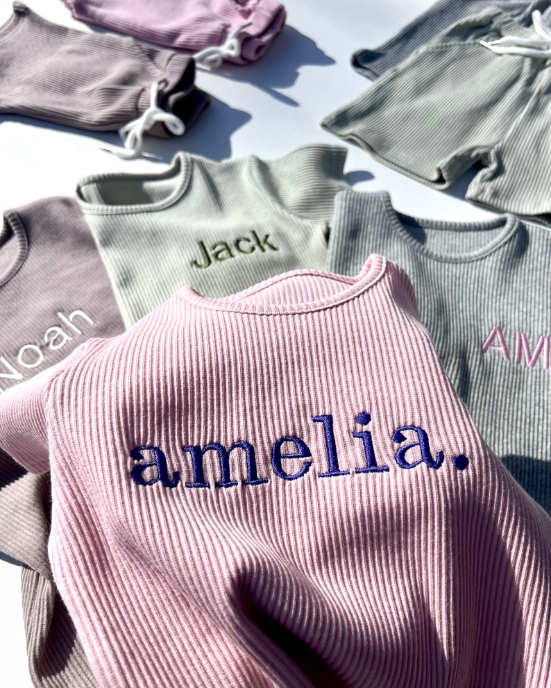 Summer Personalised Child Ribbed Sets Embroidered Kids Sets Personalised T-Shirt & Shorts Summer Outfit Name or Initials UNISEX Clothing zdjęcie 4