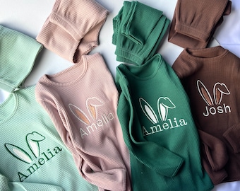 Personalized Easter PJs: Matching Kids&#39; Loungewear Set, Embroidered Name