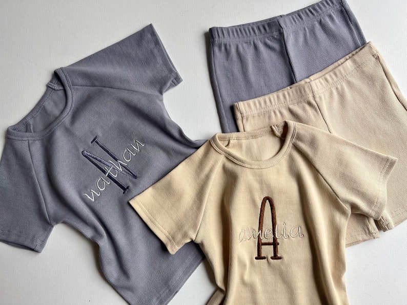 Summer Personalised Child Ribbed Sets Embroidered Kids Sets Personalised T-Shirt & Shorts Summer Outfit Name or Initials UNISEX Clothing zdjęcie 1