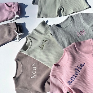 Summer Personalised Child Ribbed Sets Embroidered Kids Sets Personalised T-Shirt & Shorts Summer Outfit Name or Initials UNISEX Clothing image 3