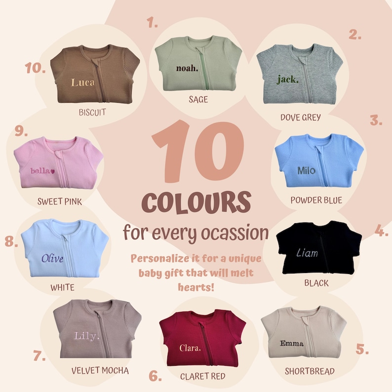 May include: Ten different colors of baby onesies with personalized names embroidered on them. The onesies are displayed in a circle with the text "10 COLORS for every occasion" in the center.  Personalize it for a unique baby gift that will melt hearts!"