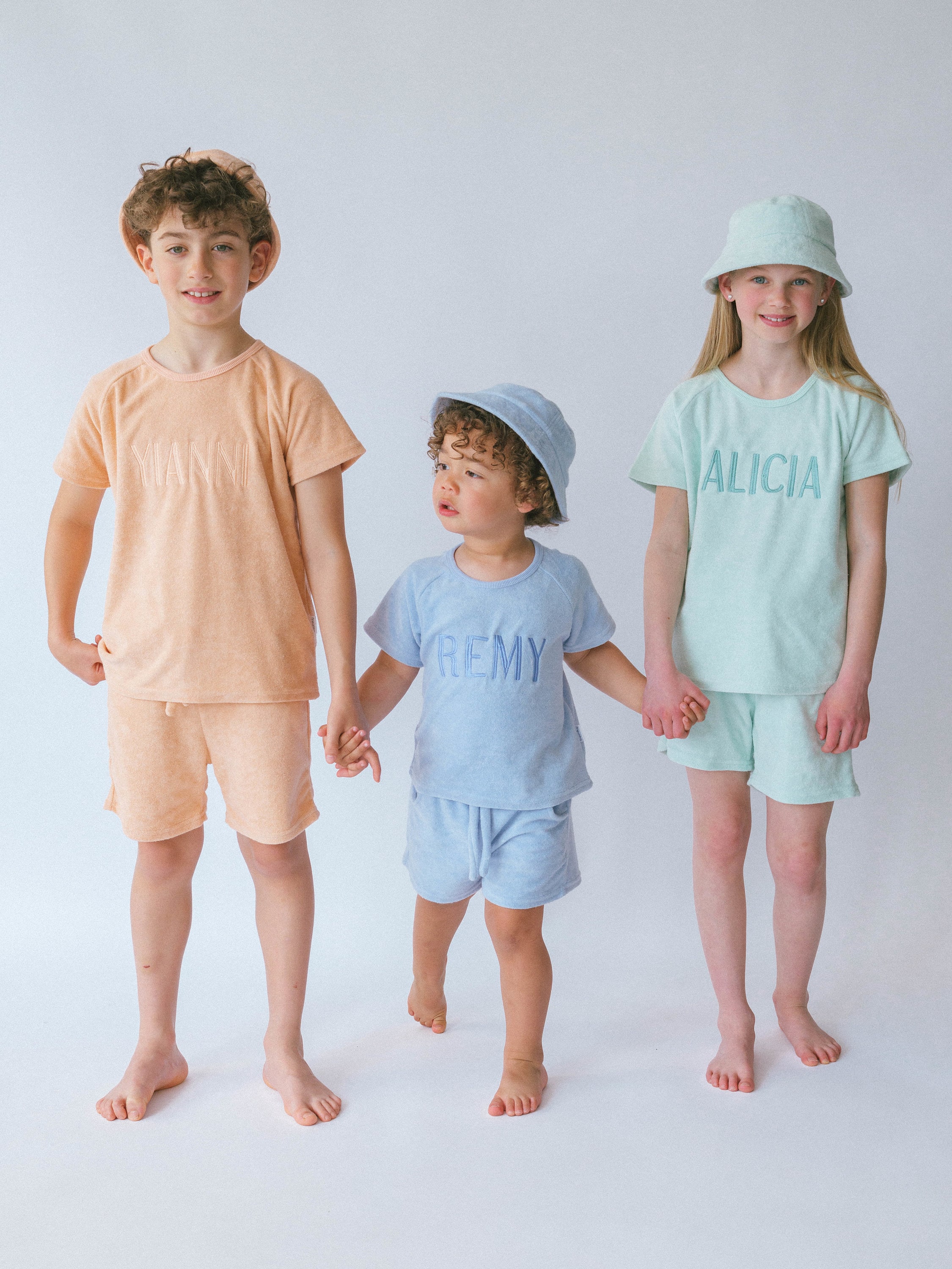 Summer Personalized 3pcs Towelling Sets Embroidered Kids Personalised T-shirt & Shorts Baby Toddler Outfit Matching Sibling Beach Outfit