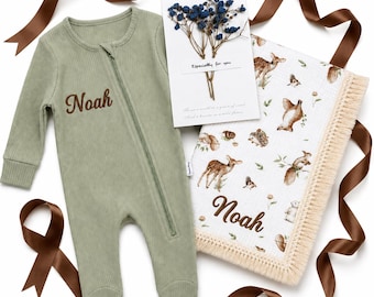 Personalised Baby Blanket and Romper Gift Set, Embroidered Name. Perfect for Christmas, Baby Shower, New Parents , Birthday