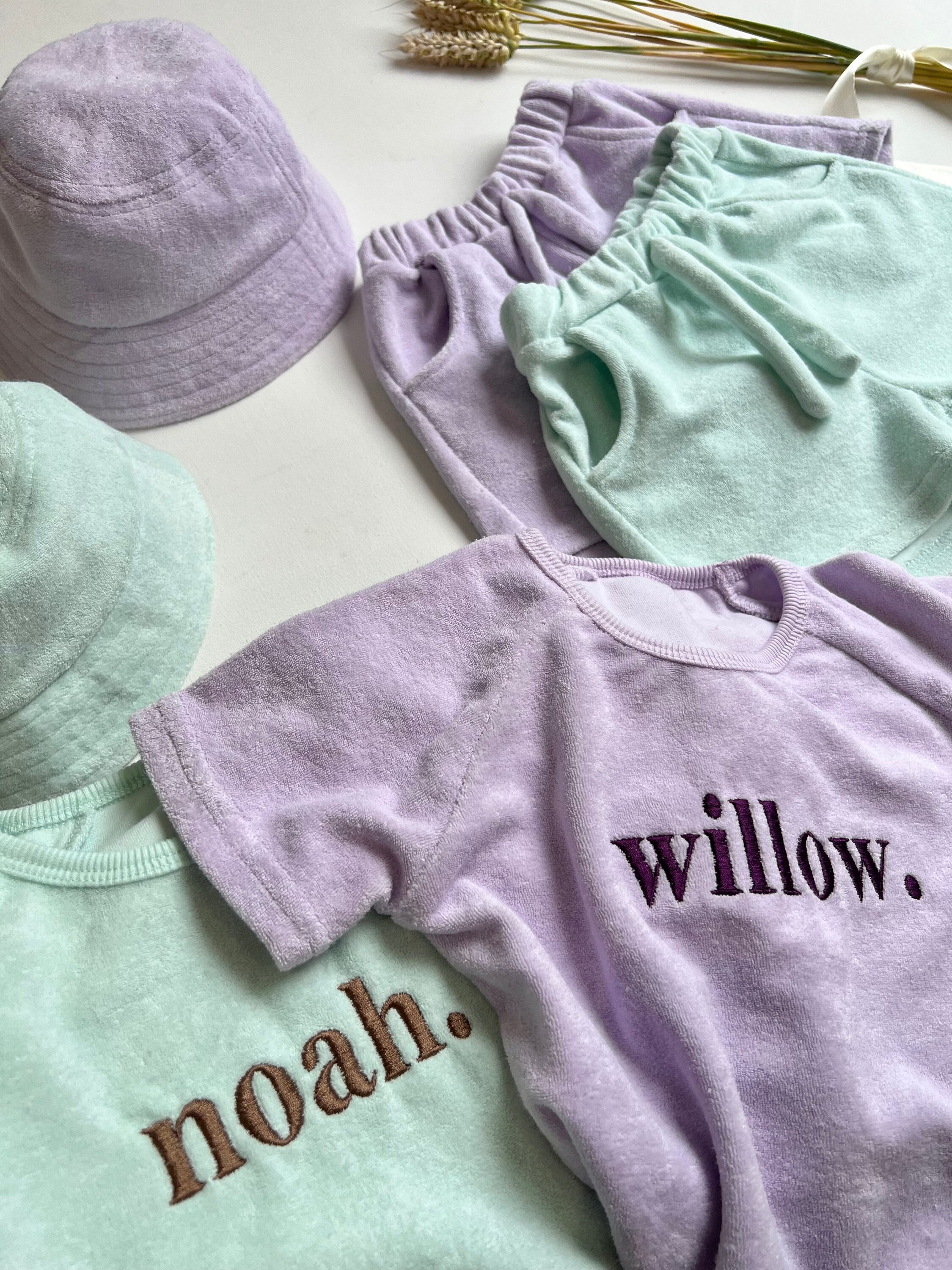 Summer Personalized 3pcs Towelling Sets Embroidered Kids Personalised T-shirt & Shorts Baby Toddler Outfit Matching Sibling Beach Outfit