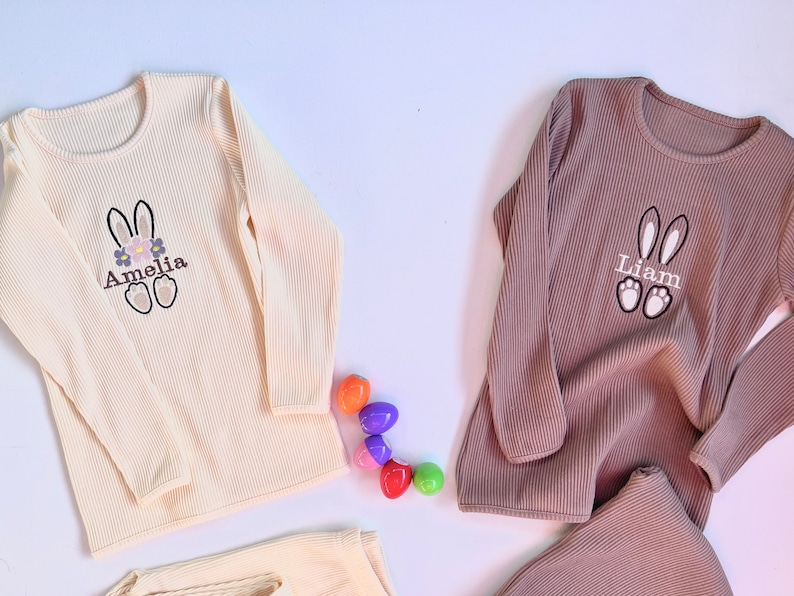 Easter Pjs Personalised Matching Baby Toddler Loungewear Initials or Name Long Sleeve Top Trousers Clothes Boy Girl Kids Tracksuit image 2