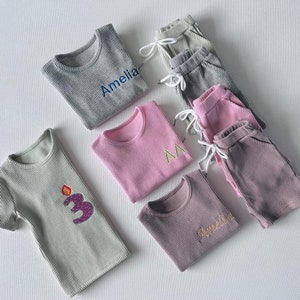 Summer Personalised Child Ribbed Sets Embroidered Kids Sets Personalised T-Shirt & Shorts Summer Outfit Name or Initials UNISEX Clothing image 5