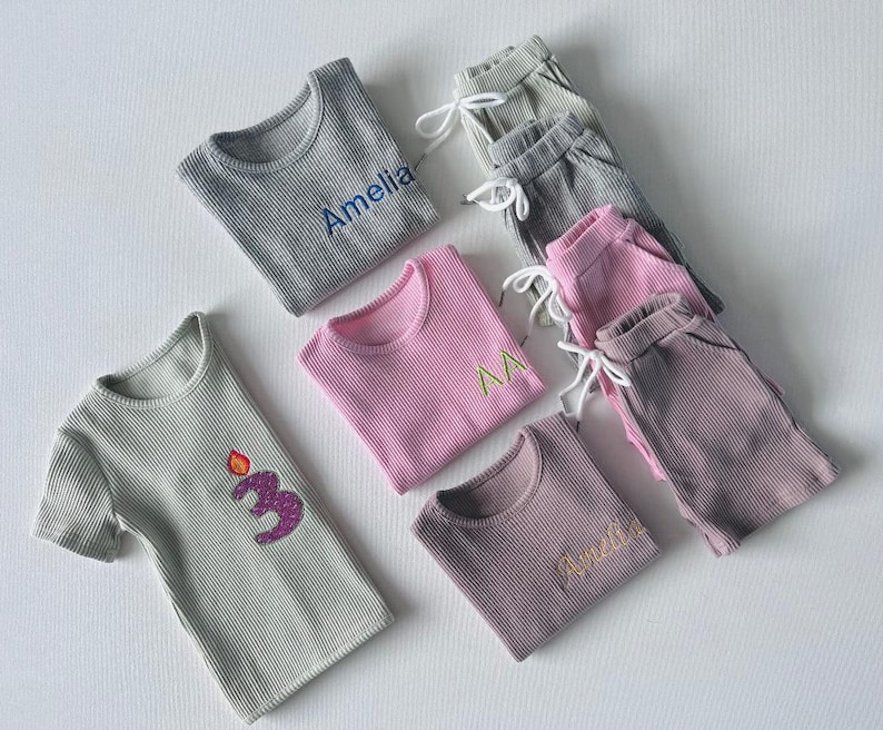 Summer Personalised Child Ribbed Sets Embroidered Kids Sets Personalised T-Shirt & Shorts Summer Outfit Name or Initials UNISEX Clothing image 5