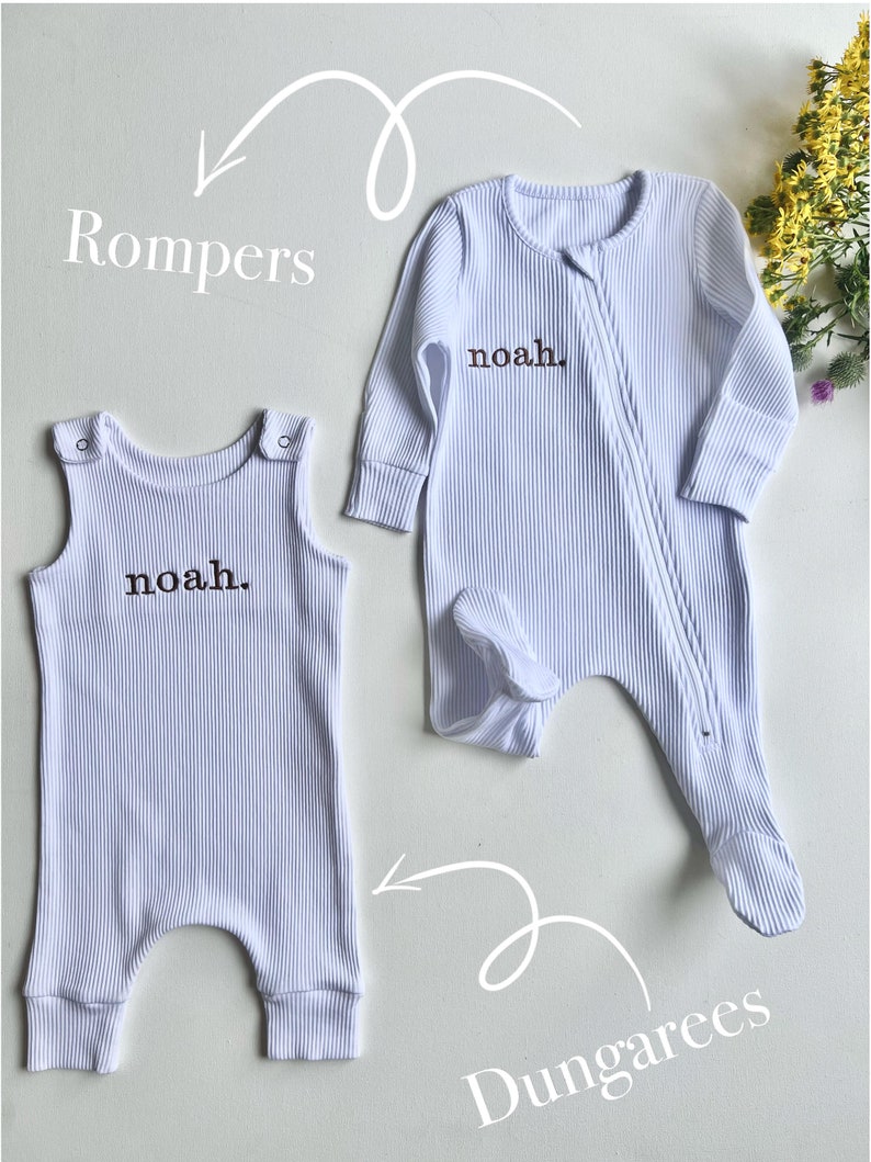 Personalisierte Baby Zip Strampler Bestickter Baby Overall. Sommer Herbst Winter White Sage Outfit Name oder Initialen UNISEX Kleidung Bild 3