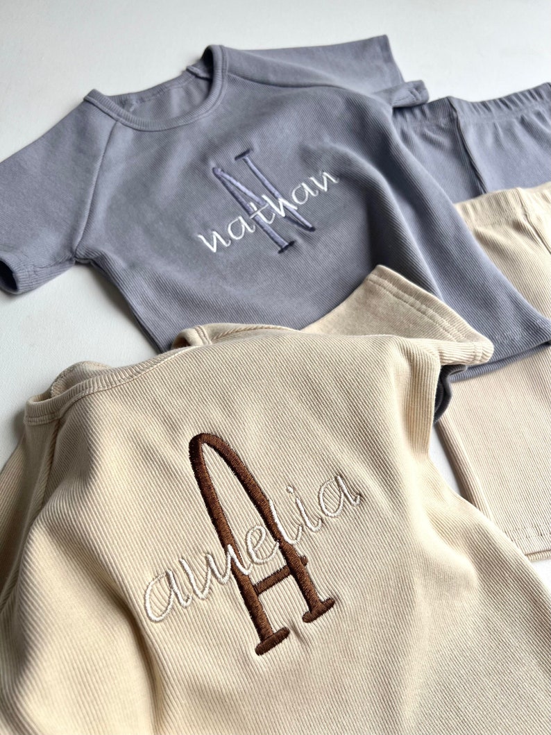 Summer Personalised Child Ribbed Sets Embroidered Kids Sets Personalised T-Shirt & Shorts Summer Outfit Name or Initials UNISEX Clothing image 2