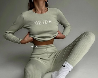 PERSONALISIERT Lounge Set Braut Loungewear Initialen oder Name Langarm Top Hose Kleidung Wifey Geschenk Trainingsanzug Brautjungfer