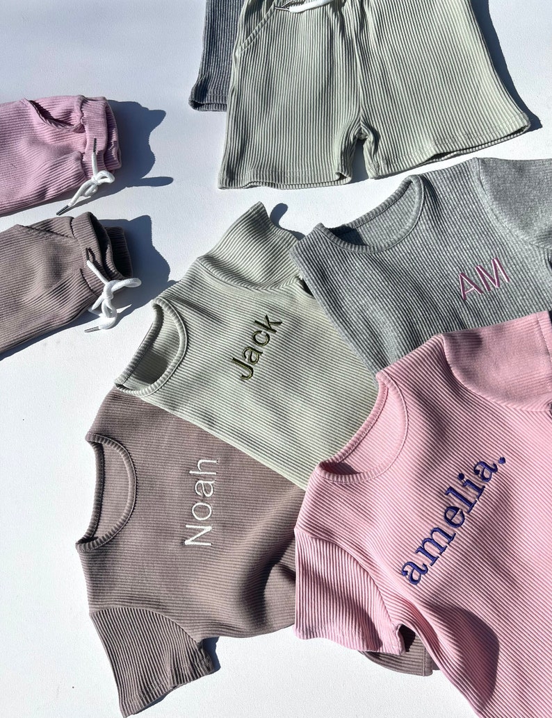 Summer Personalised Child Ribbed Sets Embroidered Kids Sets Personalised T-Shirt & Shorts Summer Outfit Name or Initials UNISEX Clothing image 1