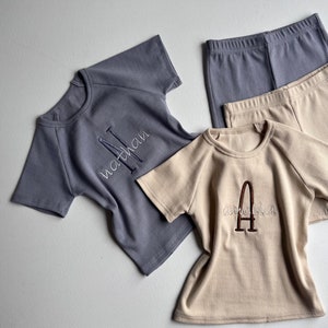 Summer Personalised Child Ribbed Sets Embroidered Kids Sets Personalised T-Shirt & Shorts Summer Outfit Name or Initials UNISEX Clothing image 3