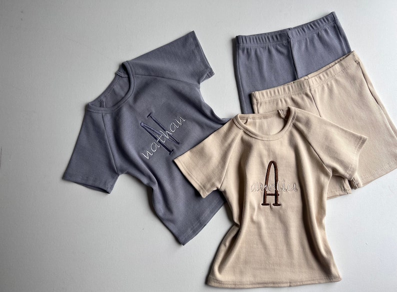 Summer Personalised Child Ribbed Sets Embroidered Kids Sets Personalised T-Shirt & Shorts Summer Outfit Name or Initials UNISEX Clothing image 3