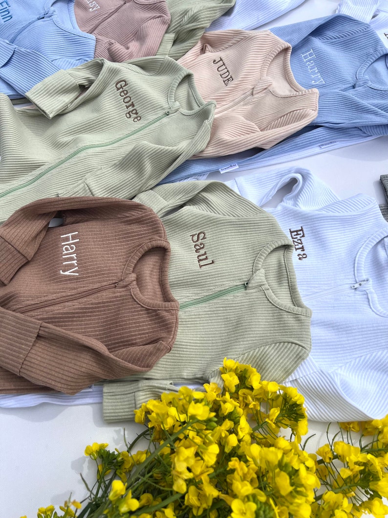 Personalised Baby Zip Romper Embroidered Baby Overalls . Summer Autumn Winter White Sage Outfit Name or Initials UNISEX Clothing image 4