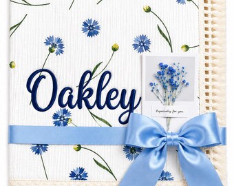 Personalized Floral Muslin Baby Blanket, Embroidered Newborn Gift