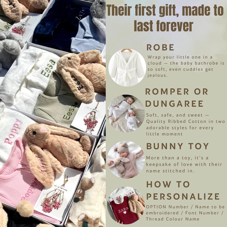 May include: Gift boxes containing baby clothing and plush bunny toys. The boxes include a white robe, a ribbed cotton romper, and a soft bunny toy. The text on the image says "Their first gift, made to last forever."
