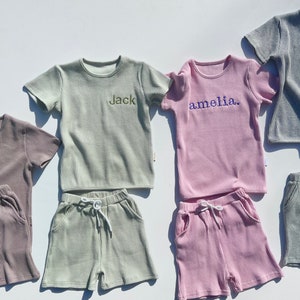 Summer Personalised Child Ribbed Sets Embroidered Kids Sets Personalised T-Shirt & Shorts Summer Outfit Name or Initials UNISEX Clothing image 6