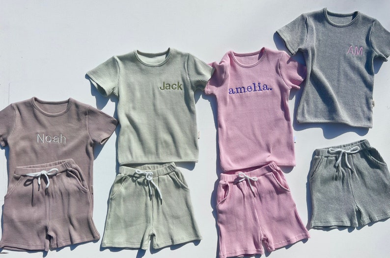 Summer Personalised Child Ribbed Sets Embroidered Kids Sets Personalised T-Shirt & Shorts Summer Outfit Name or Initials UNISEX Clothing image 6