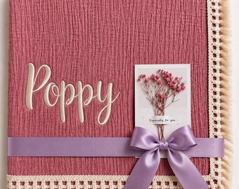 Personalized Muslin Baby Blanket, 100% Cotton, Embroidered Keepsake Gift