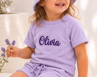 Summer Personalized 3pcs Towelling Sets Embroidered Kids Personalised T-shirt & Shorts Baby Toddler Outfit Matching Sibling Beach Outfit