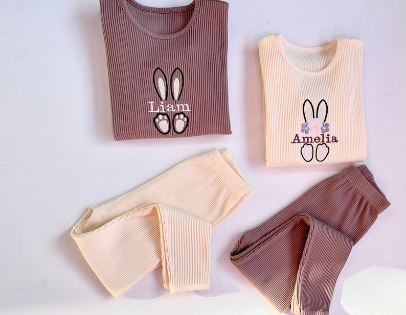 Easter Pjs Personalised Matching Baby Toddler Loungewear Initials or Name Long Sleeve Top Trousers Clothes Boy Girl Kids Tracksuit image 4