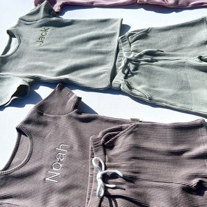 Summer Personalised Child Ribbed Sets Embroidered Kids Sets Personalised T-Shirt & Shorts Summer Outfit Name or Initials UNISEX Clothing image 2