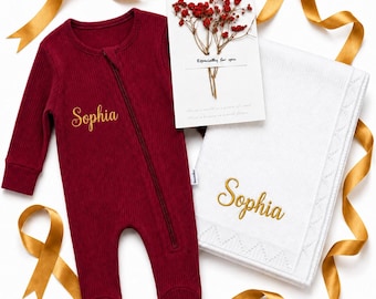 Personalized Baby Blanket and Romper Gift Set, Embroidered Name. Perfect for Christmas, Baby Shower, New Parents , Birthday