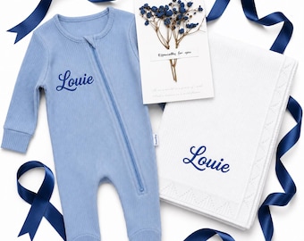 Personalized Baby Romper and Blanket Gift Set, Embroidered Name, Newborn Gift