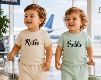 Personalised Kids Ribbed Summer Set, 2 Piece Toddler & Child Holiday Outfit, Embroidered Shorts Set, Baby Girl Boy Beach Clothes