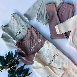 PERSONALISED Initials or Name Lounge Set Baby Toddler Loungewear Long Sleeve Top Trousers Clothes Boy Girl Kids Ribbed Material Tracksuit image 5