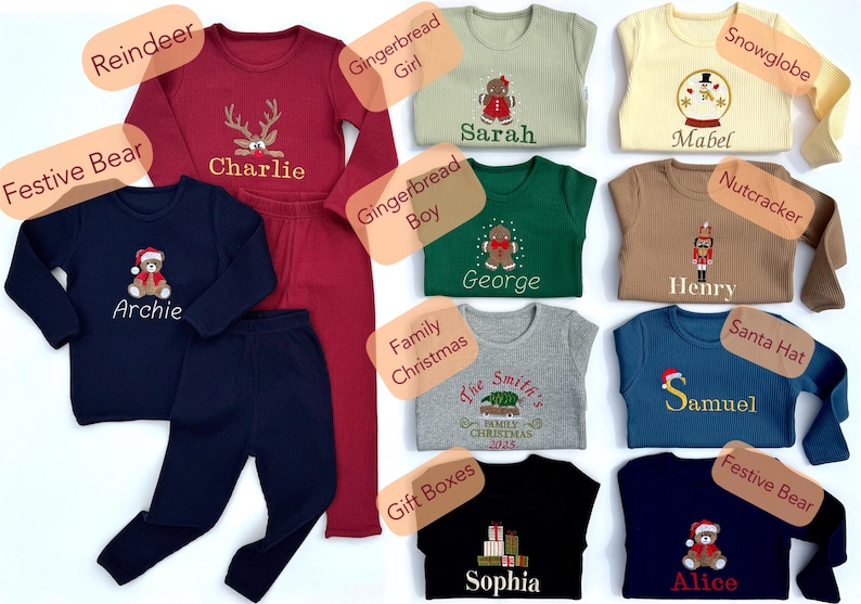 May include: Collection of children's Christmas pajamas in various colors, including red, navy, green, and beige. Each set features embroidered holiday-themed designs like reindeer, gingerbread people, snow globes, and bears. Names are embroidered on the shirts.