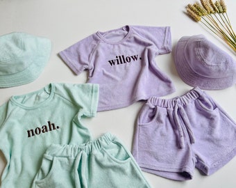 Summer Personalised 3pcs Towelling Sets | Embroidered Kids Sets |Personalised T-Shirt & Shorts Summer Outfit Name or Initials Bucket Hat