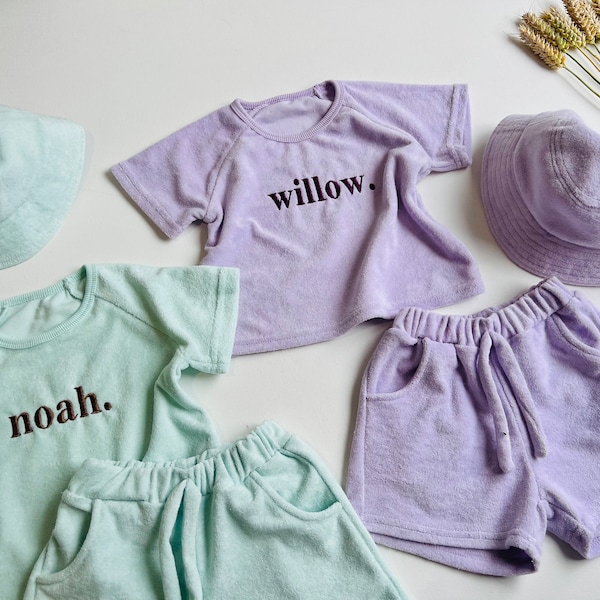 Summer Personalized 3pcs Towelling Sets Embroidered Kids Personalised T-shirt & Shorts Baby Toddler Outfit Matching Sibling Beach Outfit