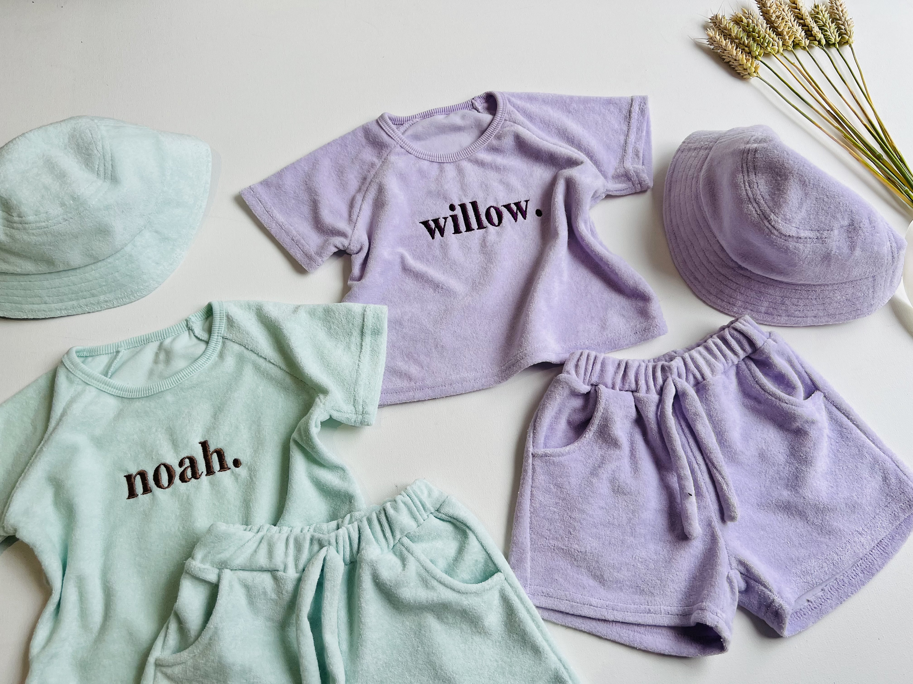 Summer Personalized 3pcs Towelling Sets Embroidered Kids Personalised T-shirt & Shorts Baby Toddler Outfit Matching Sibling Beach Outfit