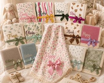 Personalised Baby Girl Blanket, Floral Embroidered Newborn Blanket, Baby Shower Gift