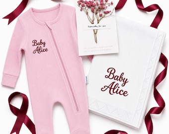 Personalized Baby Blanket and Romper Gift Set, Embroidered Name. Perfect for Christmas, Baby Shower, New Parents , Birthday