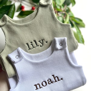 Personalised Baby Dungarees Romper Embroidered Baby Overalls . Summer Autumn Winter White Sage Outfit Name or Initials UNISEX Clothing image 4