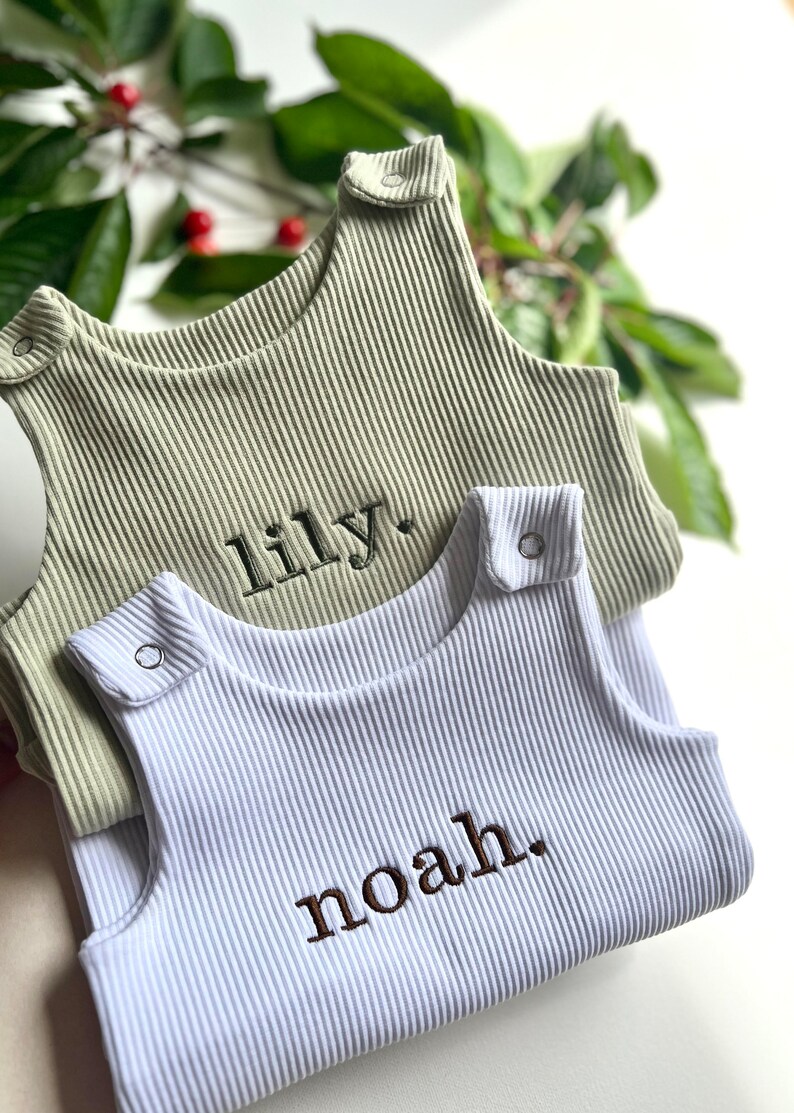 Personalised Baby Dungarees Romper Embroidered Baby Overalls . Summer Autumn Winter White Sage Outfit Name or Initials UNISEX Clothing image 4